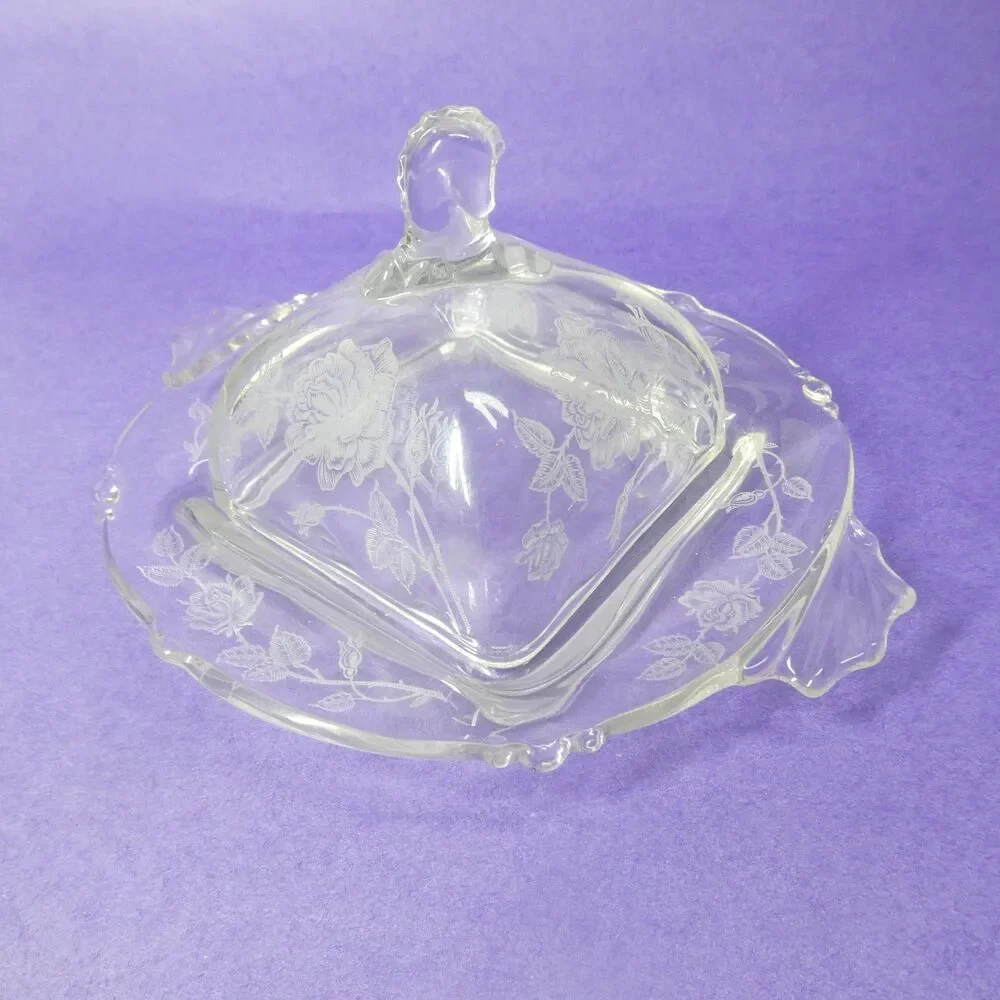 Heisey Rose Square Butter Dish With Lid - Clear Etched Glass Vintage
